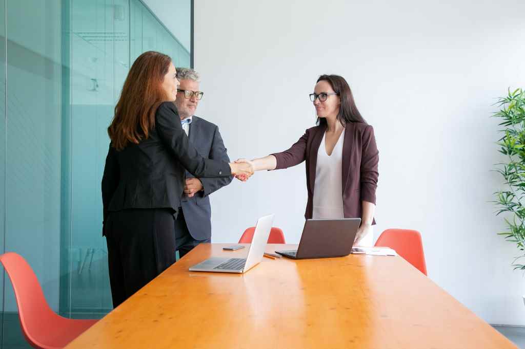 businesswomen handshaking and greeting each other